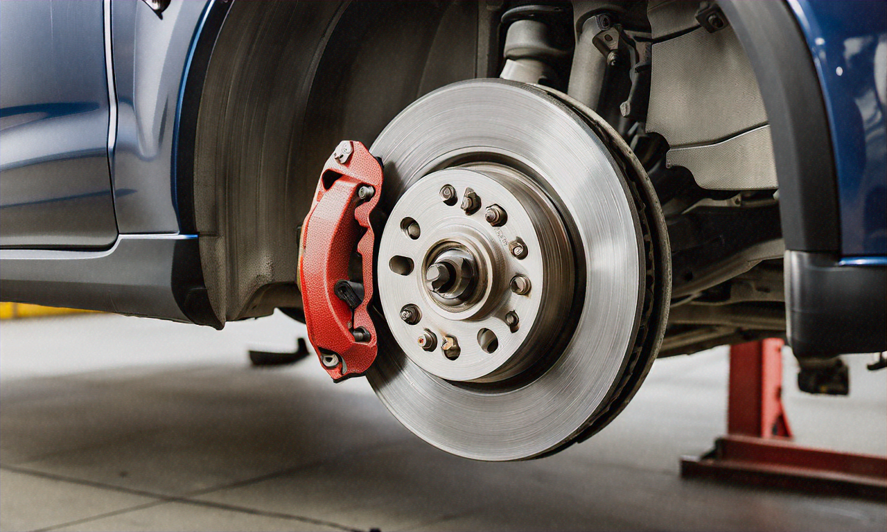 Close-up of worn brake pad pressing against a shiny steel rotor on a car wheel.