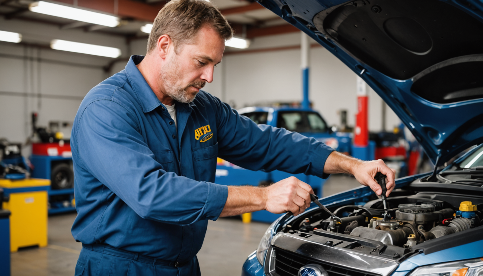 Mechanic pouring fresh motor oil into a car engine in a clean auto repair shop