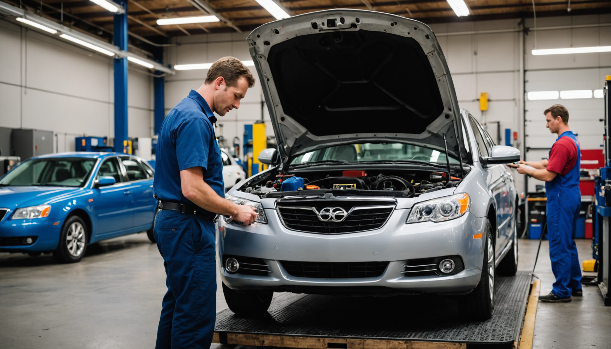 Mechanic inspecting car air conditioning vents in a sunlit auto repair shop.