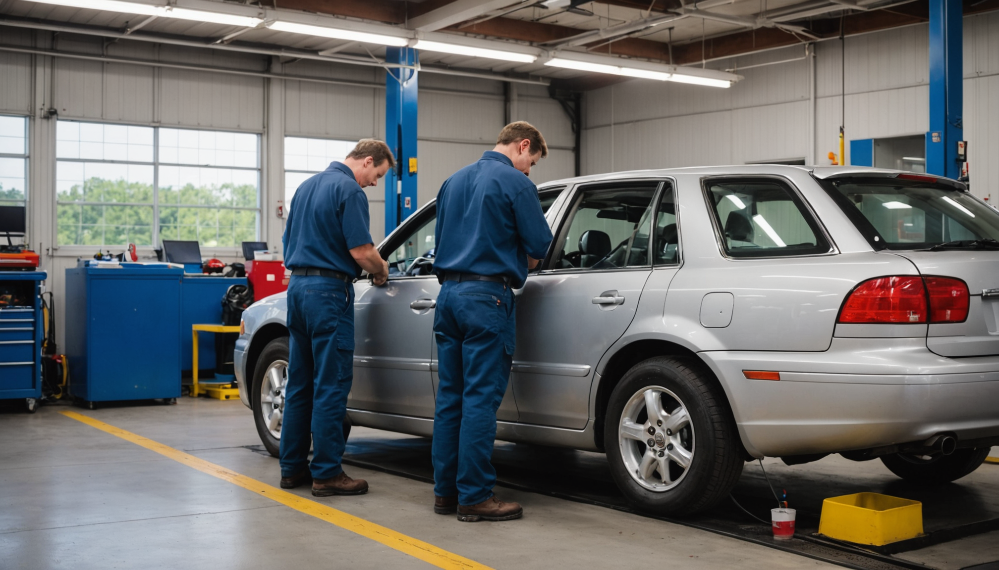 Mechanic reviewing a vehicle inspection checklist on a clipboard beside a car on a lift