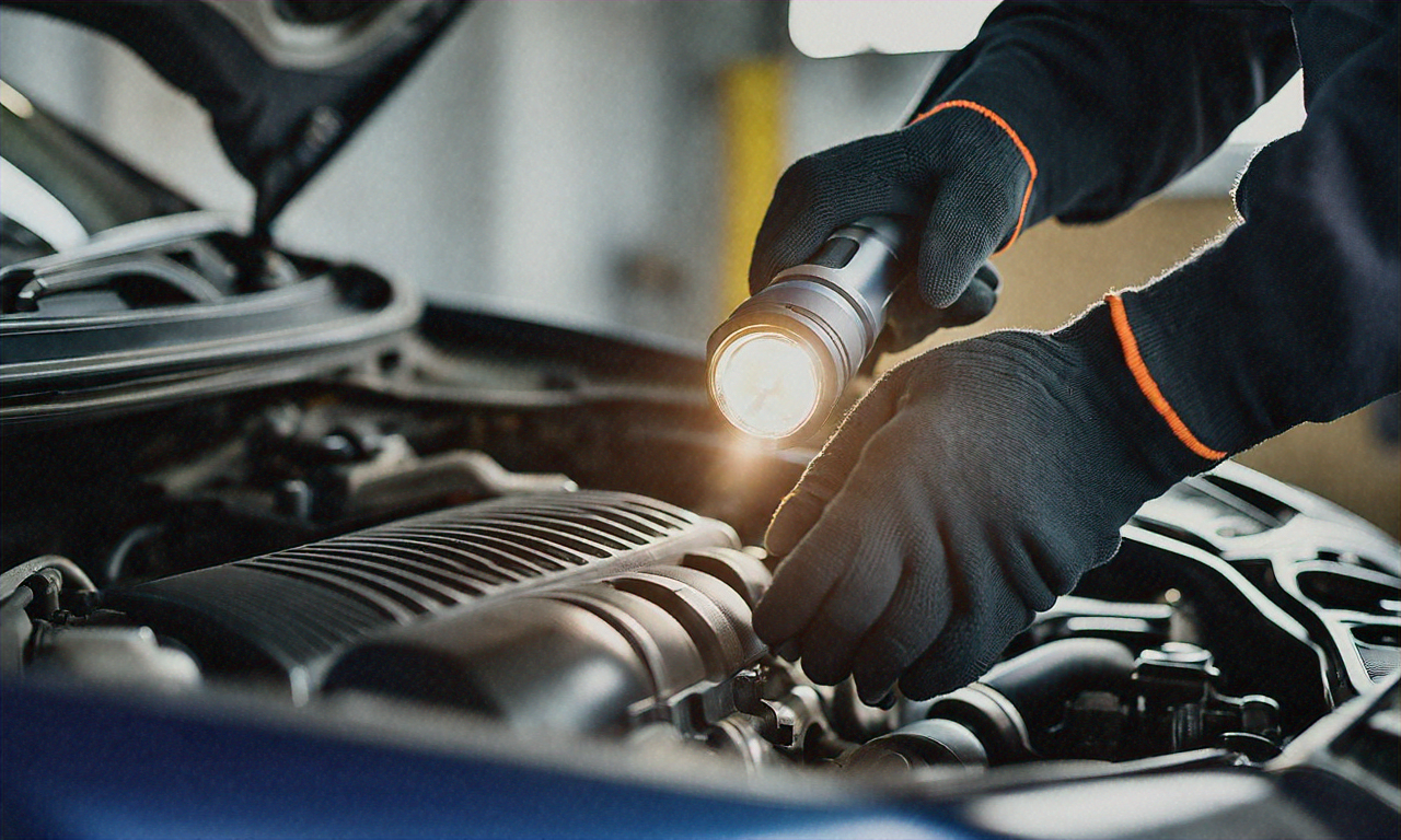 ASE-certified technician inspecting engine components
