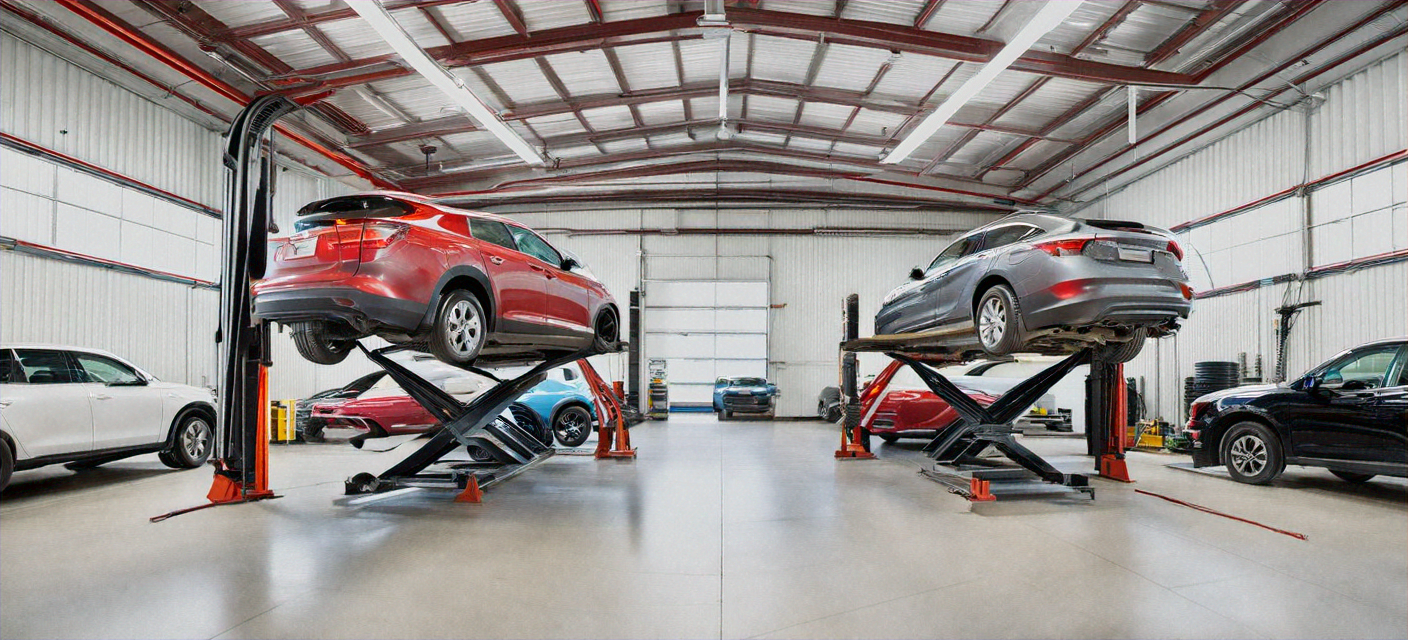 Auto repair shop interior with vehicles on lifts and technicians working