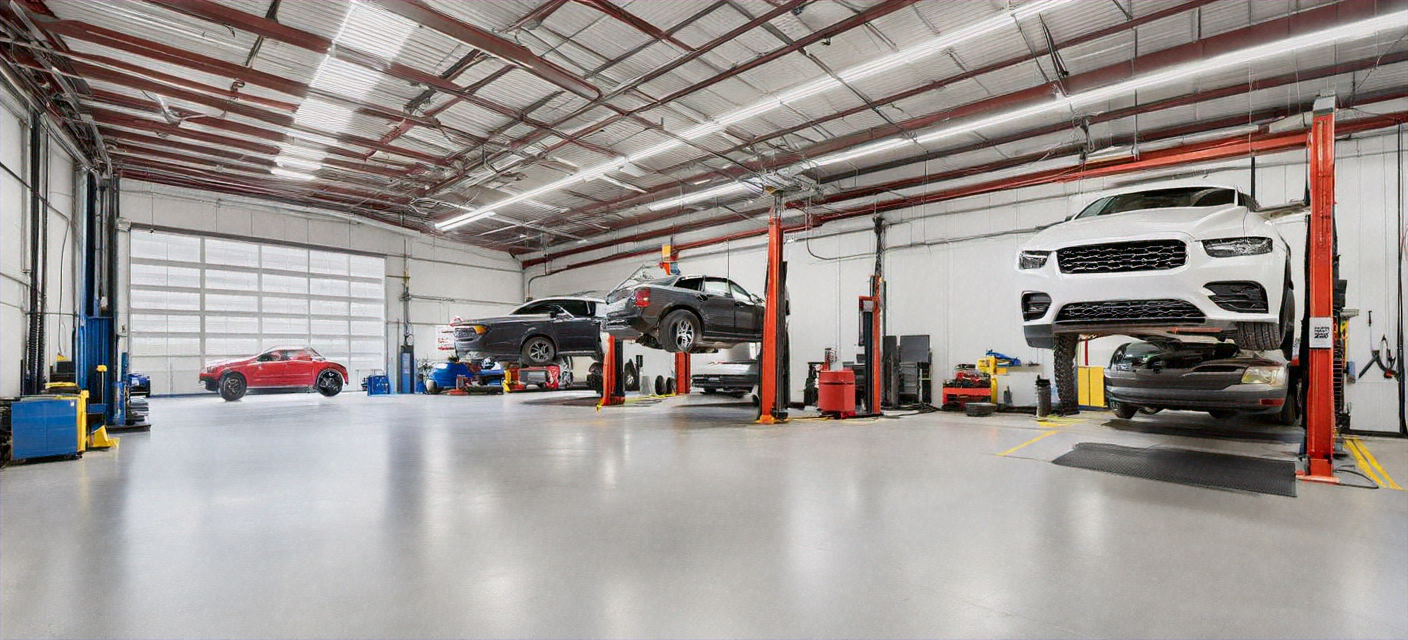 Modern auto repair shop interior with multiple service bays and vehicles being worked on