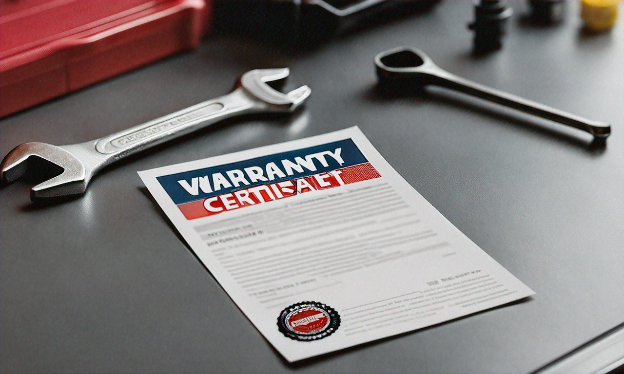 Warranty certificate and quality assurance badge on a workbench