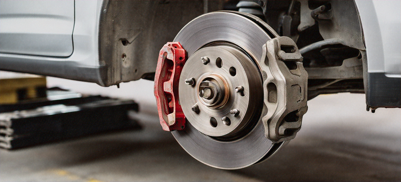 Close-up of worn brake rotors and pads being inspected by a mechanic