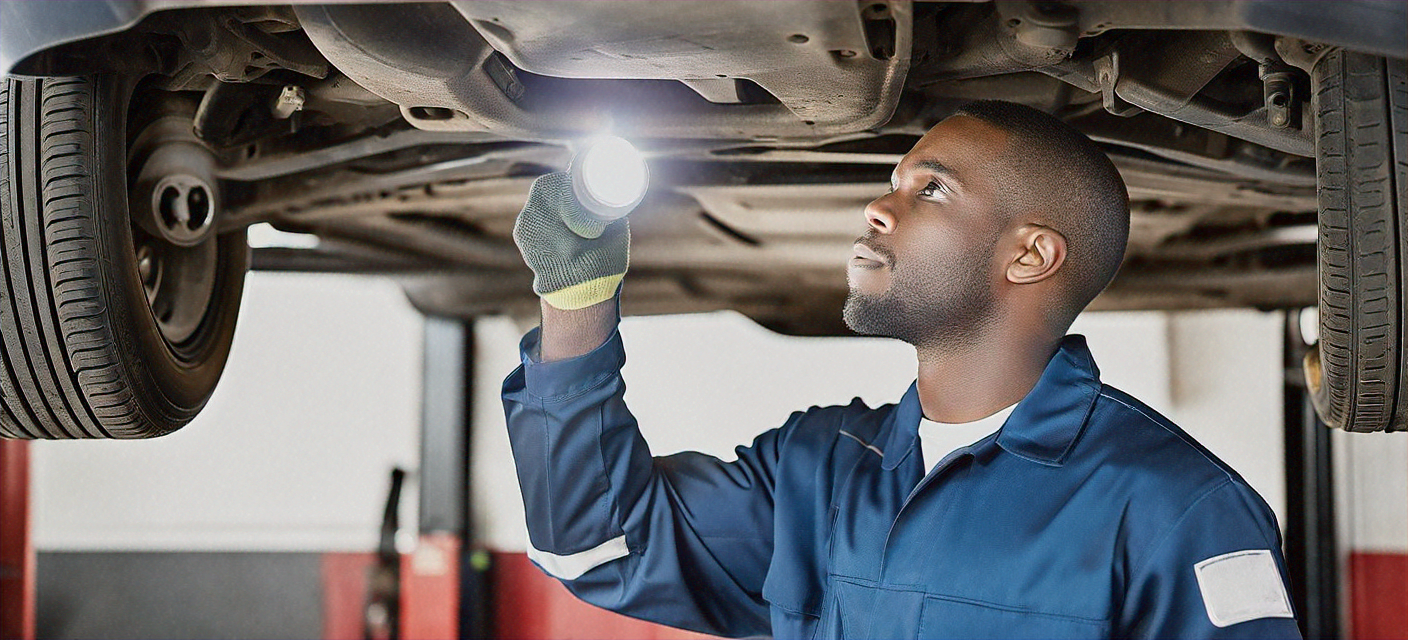 ASE certified technician performing a vehicle inspection
