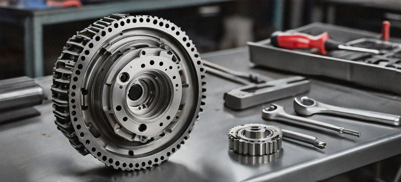 Automatic transmission removed and laid out on a workbench for service