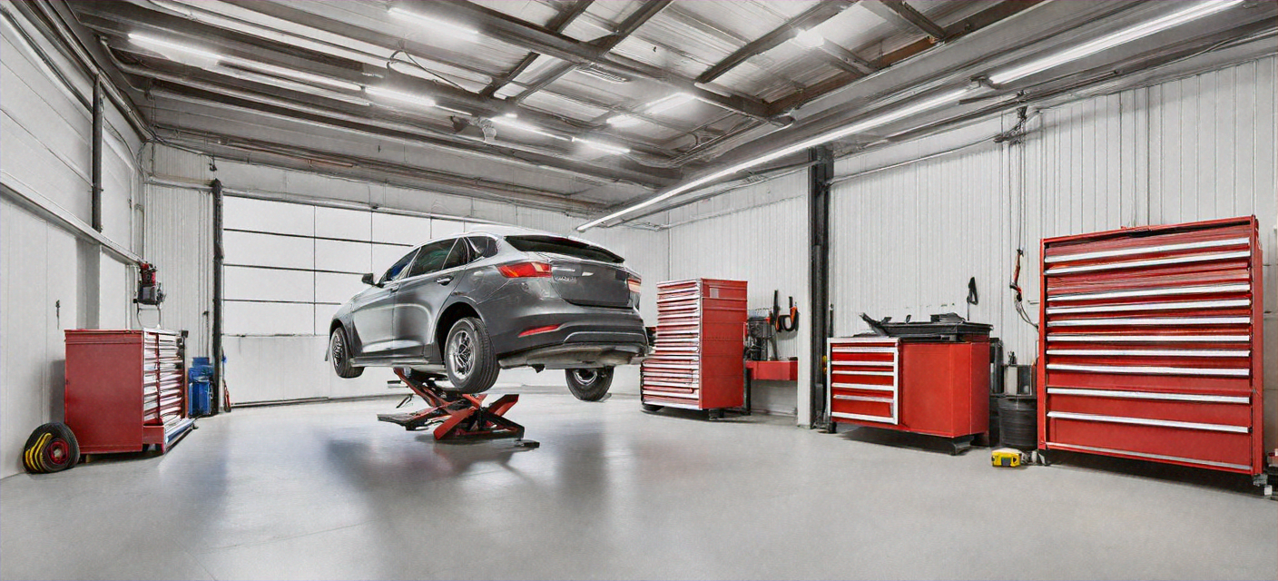 Auto repair shop interior with a car lifted on a hydraulic lift, technicians working underneath