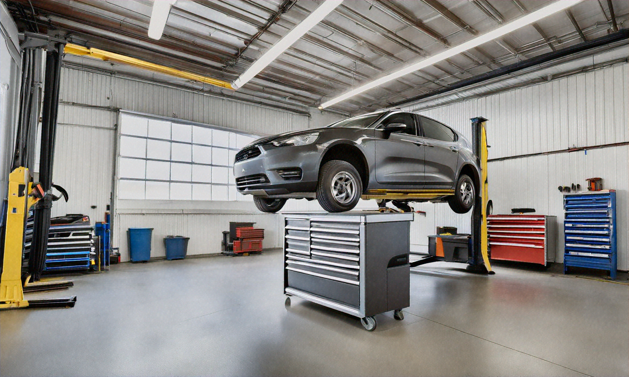 Auto repair shop workspace with tools and a vehicle being serviced on a lift
