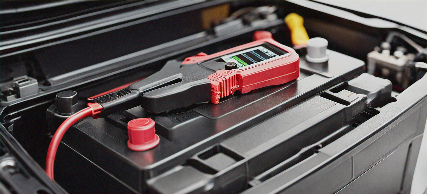 Car battery being tested with a diagnostic tester in an auto shop