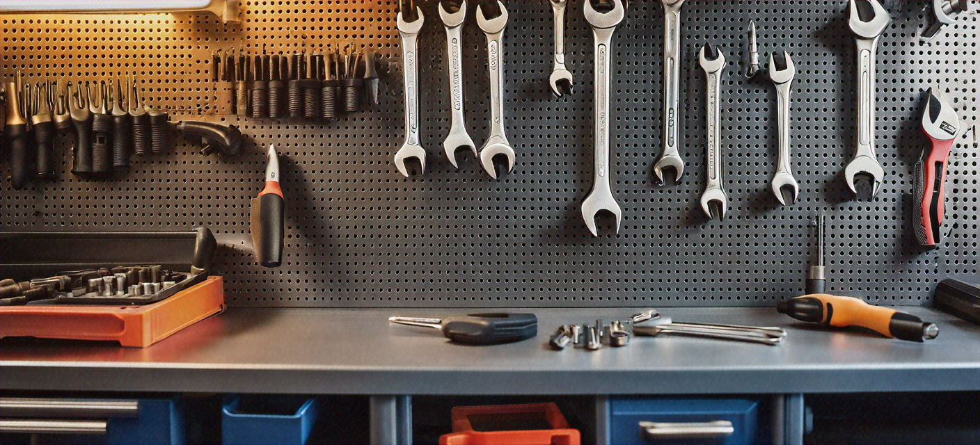 Auto repair shop workspace with tools and diagnostic equipment