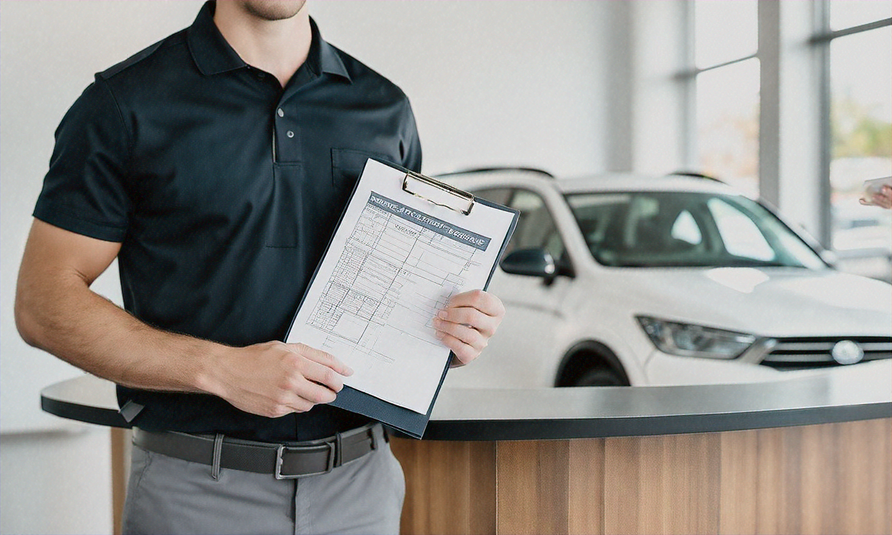 Service advisor reviewing a written estimate on a clipboard with a customer