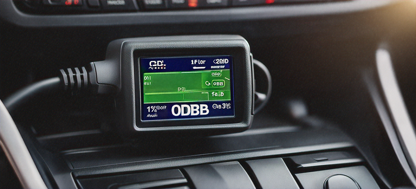 OBD diagnostic scanner plugged into a car dashboard port showing engine fault codes