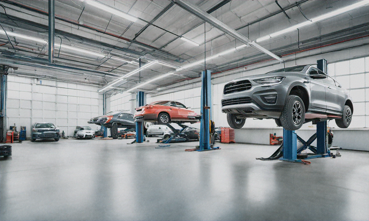 Auto repair shop interior with vehicles on lifts and bright overhead lighting