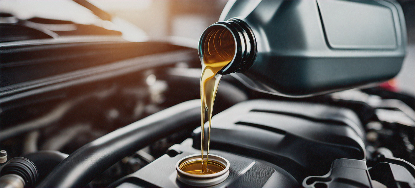Motor oil being poured into a car engine during an oil change service