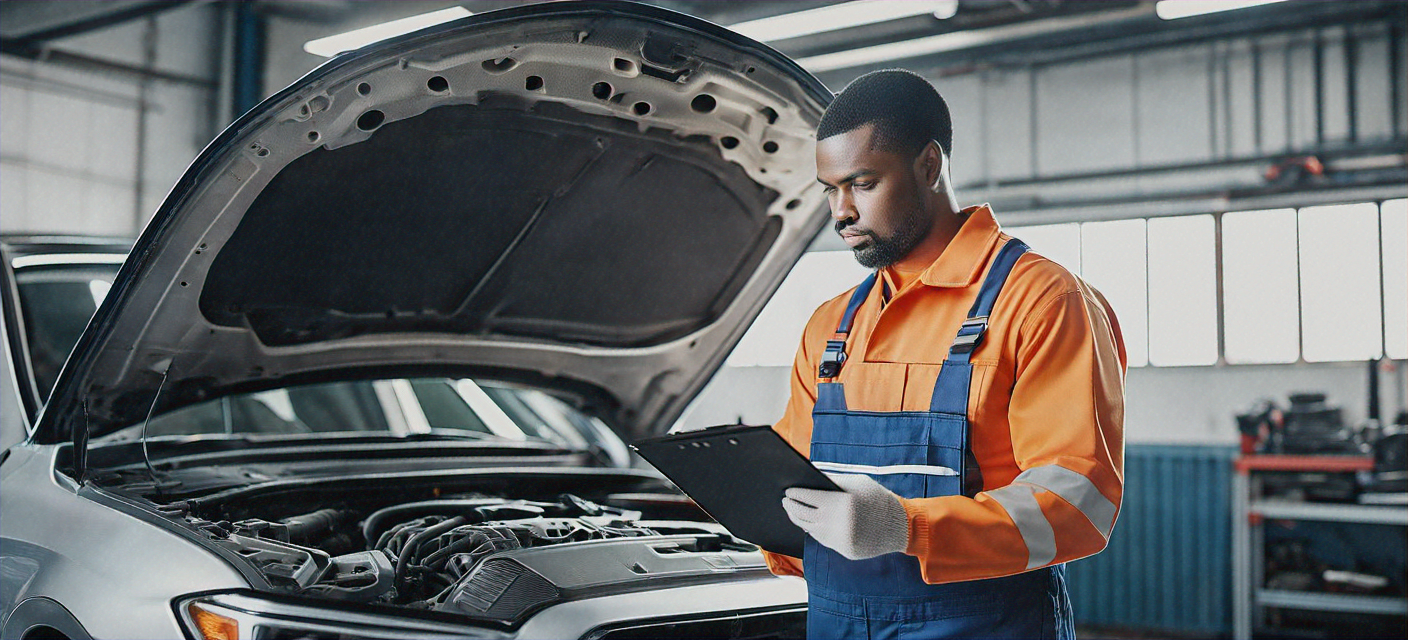 Mechanic carefully inspecting completed engine repair in a professional auto shop