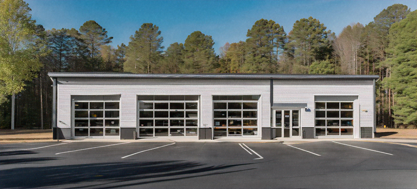 Auto repair shop exterior storefront during morning hours