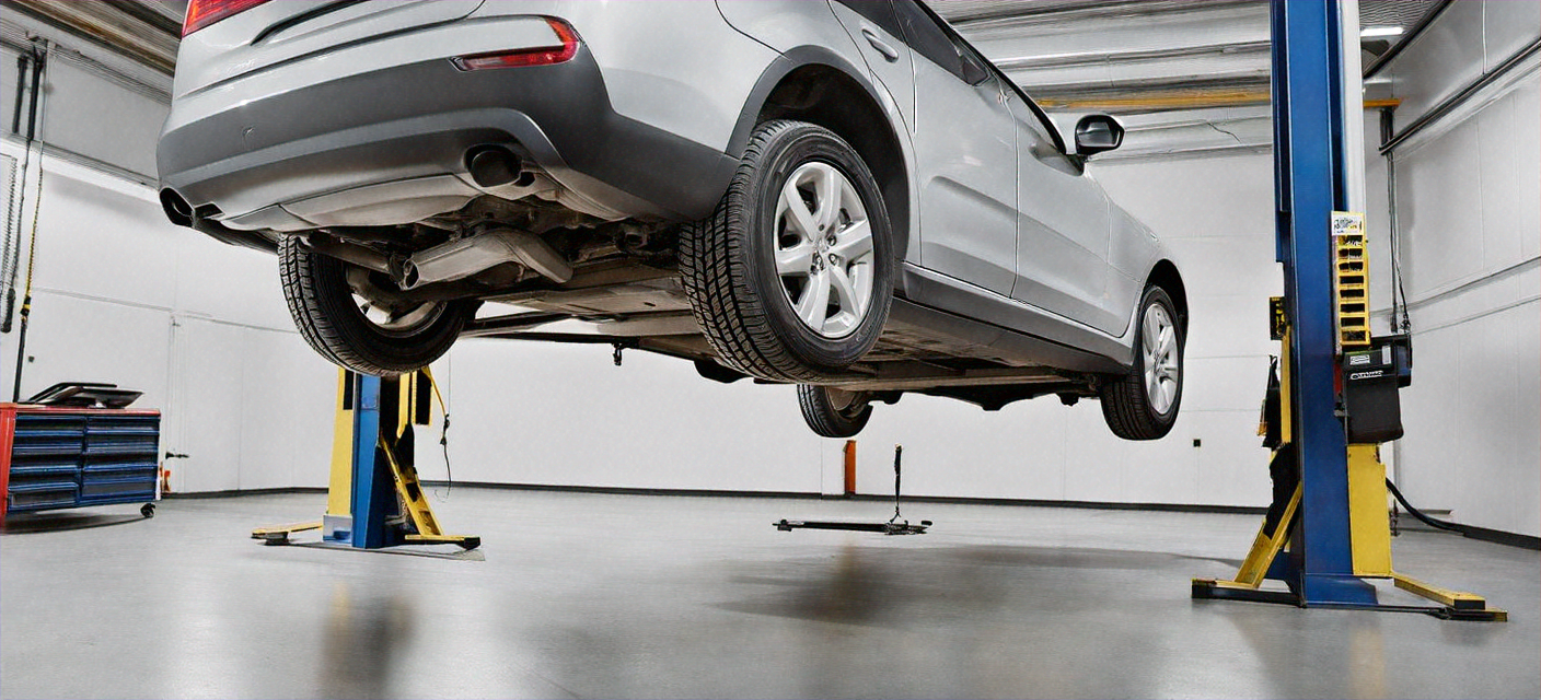 Vehicle on a lift being inspected for state safety inspection at an auto shop